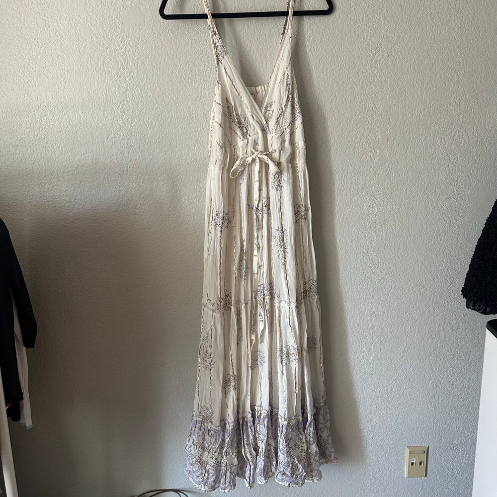 Boho Paisley Tiered Metallic Maxi Dress Festival Cottagecore White - Picture 2 of 9